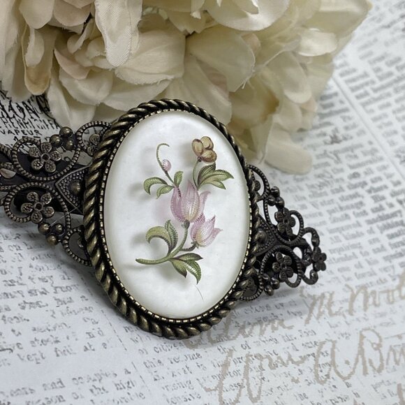 Festival  Tulip Frosted  Rose Pink Mauve Victorian Cameo Wedding Pin Hair Clip - Picture 6 of 13